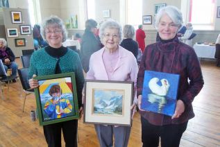 l-r Verona artists Elaine Farragher, Jill Harris and Virginia Lavin spoke at a reception and their work will be on display at the SFCSC's Grace Centre until March 26 